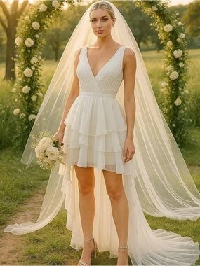 Mac Duggal IEENA White Tiered Ruffle High Low Gown Size 10 Bridal Formal